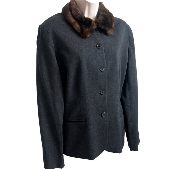 Lauren Ralph Lauren Vintage Wool Faux Fur Collar Blazer Jacket Gray Brown 12 - Picture 2 of 9
